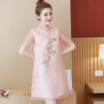 5XL Plus Velikost Kratek Rokav A-Line Obleko Kitajski Slog Izboljšano Cheongsam Ženske Letnik Vezenino Bledo Rožnate Sivo Obleko