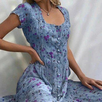Ženske Letnik Kvadratnih Vratu Kratek Rokav Cvjetnim Tiskanja Gumbi Stranka Midi Obleko 2020 modni Tisk Obleko dolge obleke za ženske Dre